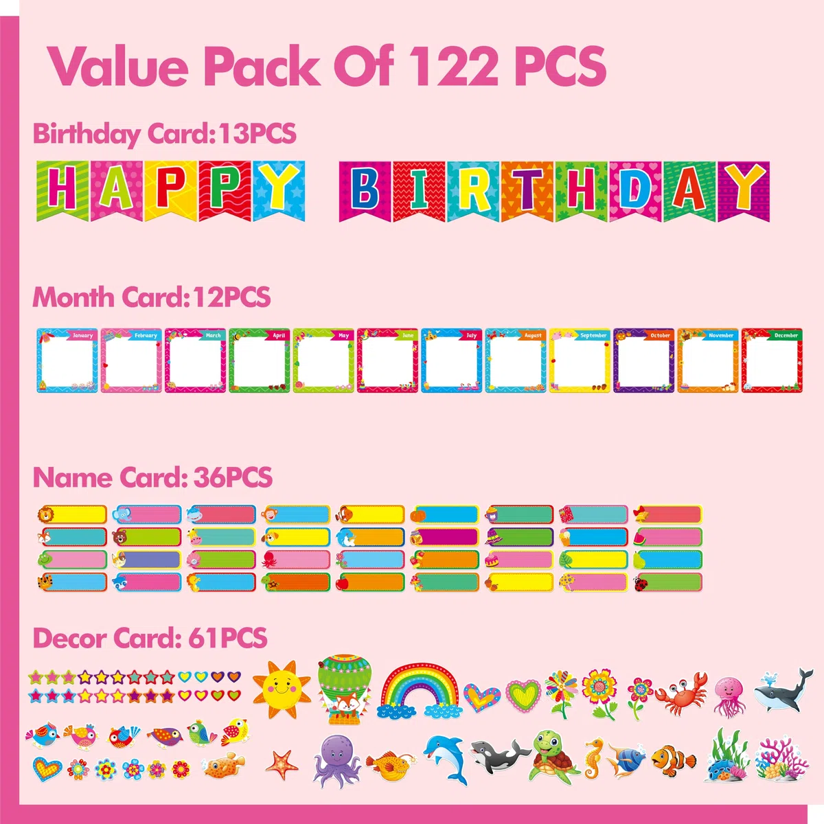 Ensemble de Tableau d'Affichage d'anniversaire de 122 PCS, Banderole d'anniversaire/Cards de Mois/Nom Décoration Fleurs, Étoiles, Découpes d'animaux Marins Fournitures de Fête