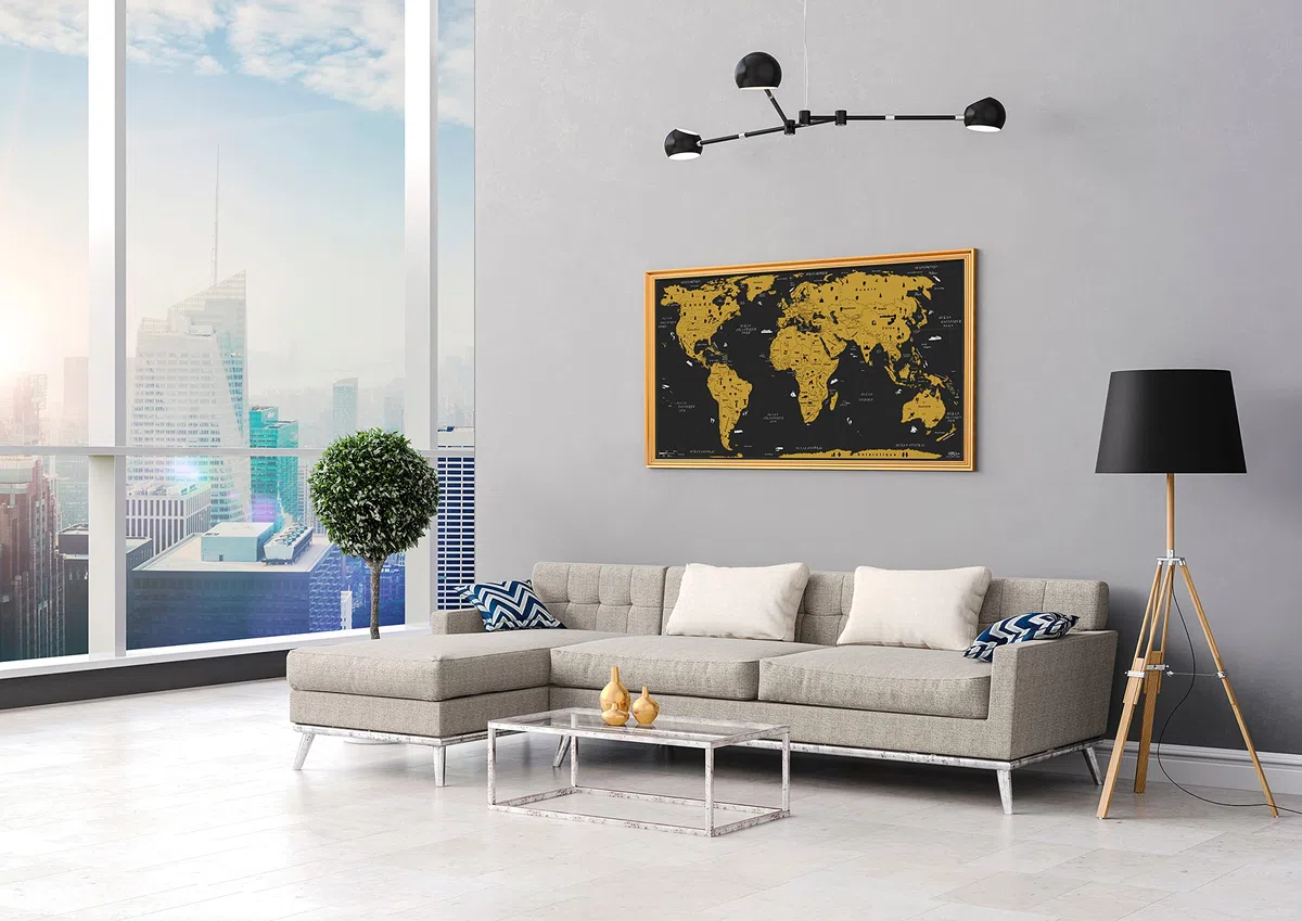 WIDETA Carte du monde à gratter, Français/Poster grand format (82 x 43 cm) / Planisphère, Mappemonde Grattable/Inclus Carte de France, autocollants et accessoires de grattage