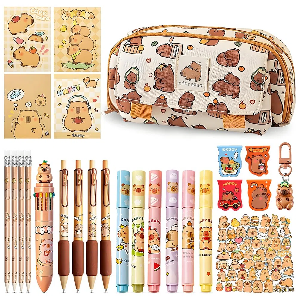 Ensemble de Papeterie Capybara 25 Pièces, avec Trousse à Crayons, Stylo à Bille, Notes Adhésives, Autocollants et Porte-clés, Kawaii Cadeau pour Filles Garçons Étudiants, Bureau & École