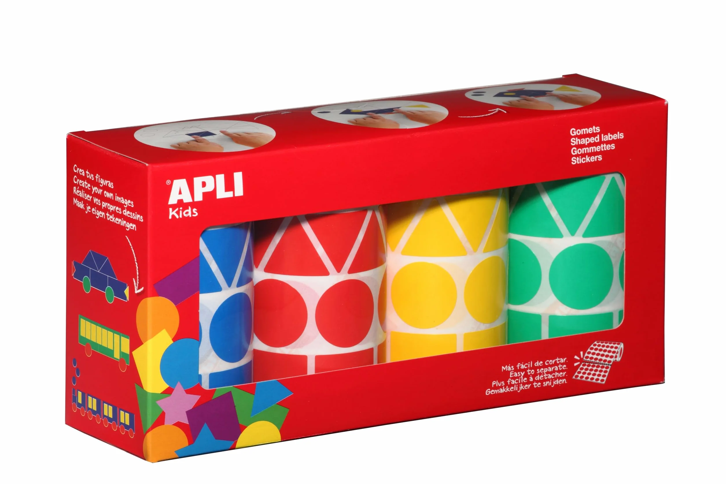 APLI Lot de 4 rouleaux gommettes géométriques 27 mm (5428 pièces) Assorties
