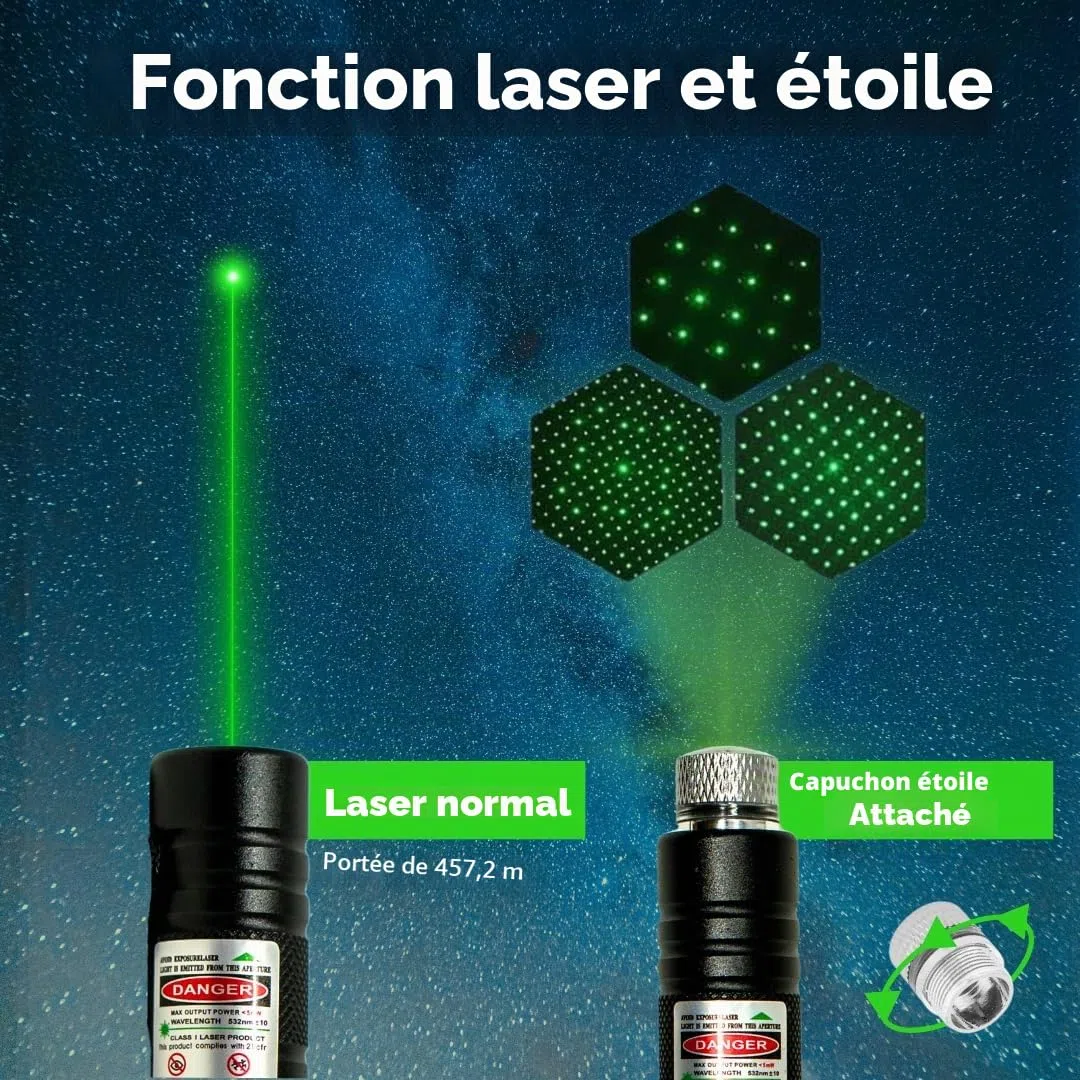 Power Pointer 3000 Lampe-torche avec projection de motif d’étoiles réglable – Lampe-torche avec embout en forme d’étoile intégré