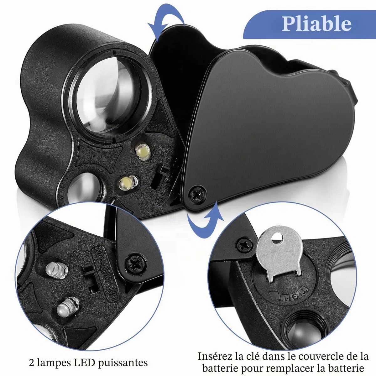 2 Pièces Loupe de Bijoutier Loupe Yeux Bijoutiers Illuminée 30X 60X 90X Boucle Loupe Bijoux avec Lumière Noire UV et Lumière LED Brillante pour Diamant Gemme Pièce Timbre Roche (Noir)