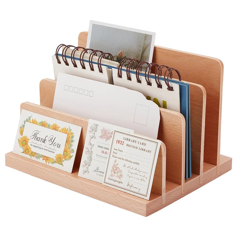 PH PandaHall Présentoir de Cartes de Visite en Bois Organiseur de Cartes de Visite à 4 niveau Présentoir de Cartes Porte Brochures et Cartes Postales pour Bureau Magasin Salons Professionnels