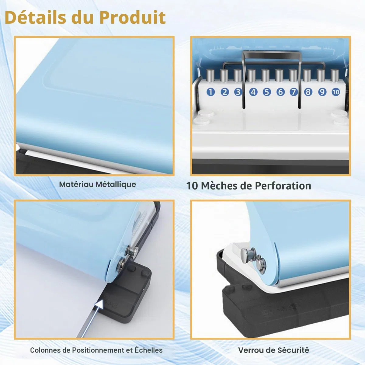 Relieuse manuelle à 10 trous pour bureau et étude - Portable A4/30 trous, B5/26 trous, perforatrice A5/20 trous, 8 feuilles métalliques avec 2 bobines de reliure, bleu