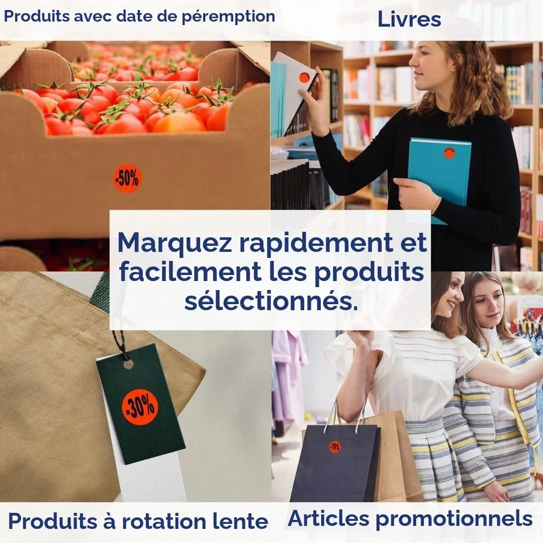 POKORNYS - Étiquettes promotionnelles « -30% » I Stickers pour marchandises à prix réduit I Lot de 1.000 autocollants de rabais en rouge vif I Adhésifs permanents, ronds, Ø 32mm