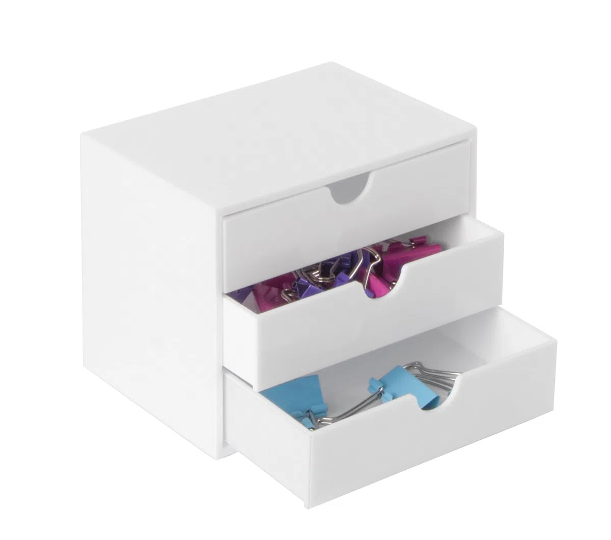 OSCO Cube en plastique blanc brillant, 3 tiroirs, pas de format A4, rangement de petits articles, boîte à maquillage, boîte à bijoux, organisateur compact, blanc, 16,5 x 16,5 x 16,5 cm