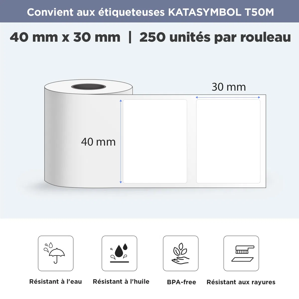 SUPVAN KATASYMBOL T50M Pro 2 Rouleaux d'étiquettes Thermiques Autocollantes Imperméables, 40 mm x 30 mm, 2 Rouleaux, 250 Pièces/Rouleau, Noir sur Blanc
