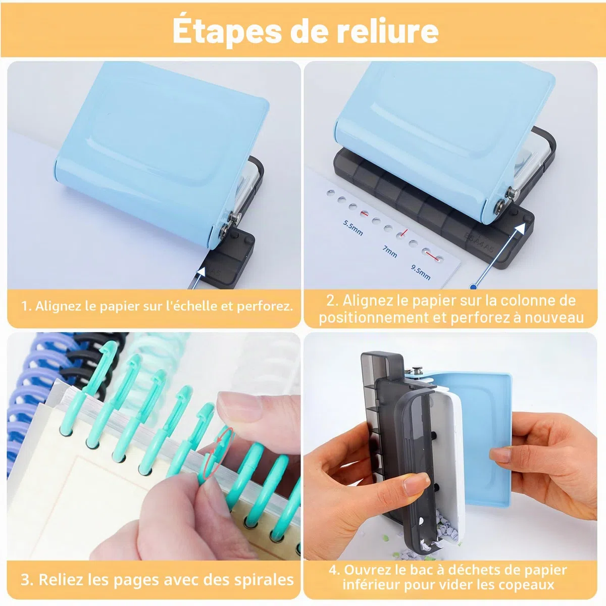 Relieuse manuelle à 10 trous pour bureau et étude - Portable A4/30 trous, B5/26 trous, perforatrice A5/20 trous, 8 feuilles métalliques avec 2 bobines de reliure, bleu