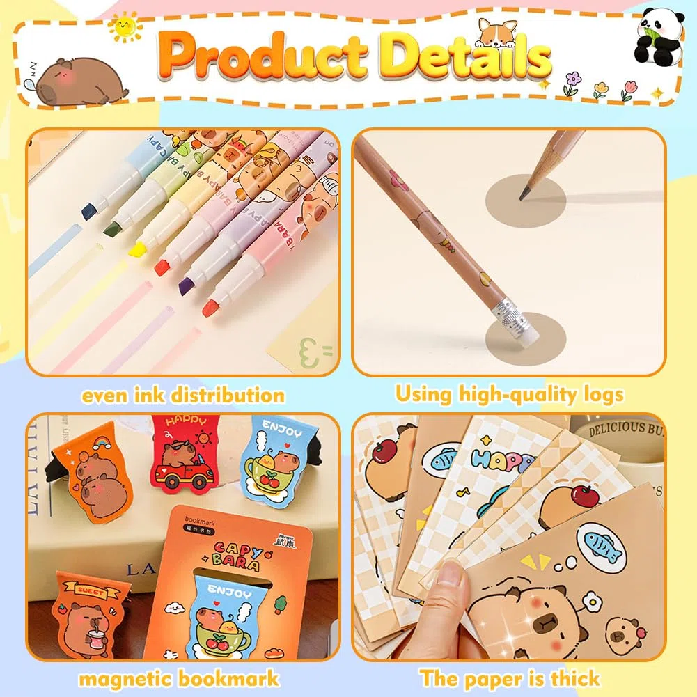 Ensemble de Papeterie Capybara 25 Pièces, avec Trousse à Crayons, Stylo à Bille, Notes Adhésives, Autocollants et Porte-clés, Kawaii Cadeau pour Filles Garçons Étudiants, Bureau & École