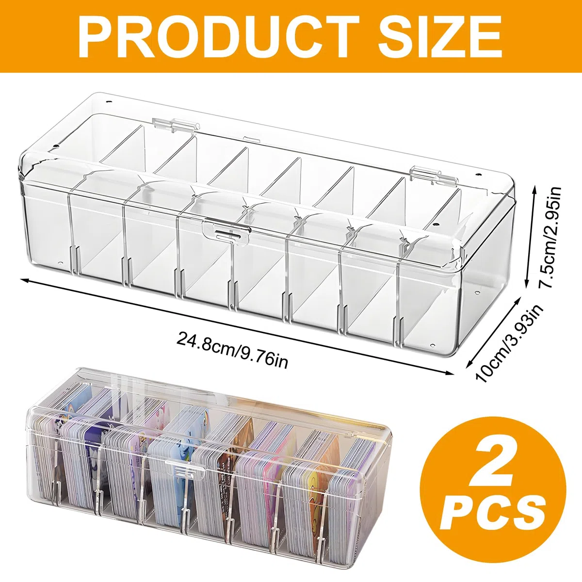FARYODI Lot de 2 boîtes transparentes avec couvercle, 8 compartiments avec séparateurs amovibles pour jusqu'à 700 cartes, pour cartes d'apprentissage, cartes de visite, cartes de jeu, cartes de joueur
