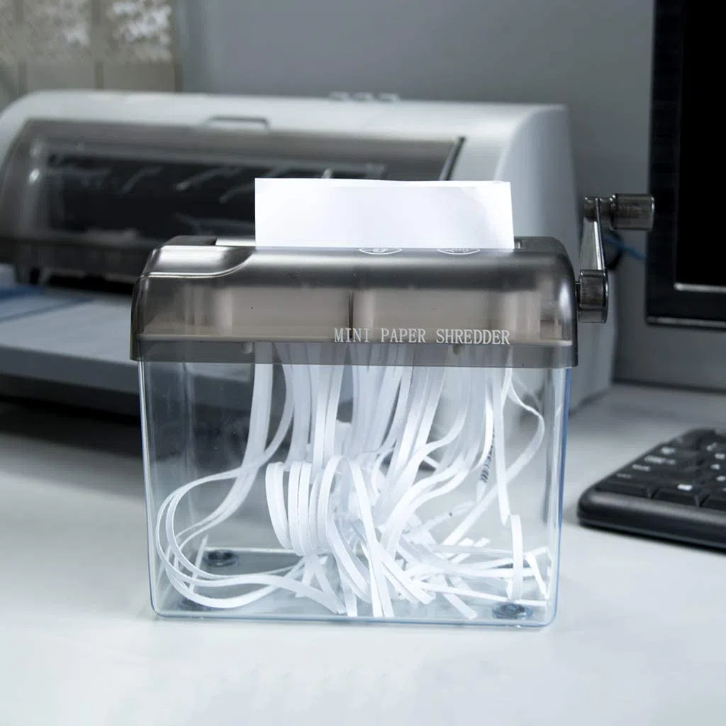 Destructeur Manuel, A6 Shredder Mini Documents Portable Déchiqueteuses Coupe Document Machine Découpe Droite Papeterie Outil pour Bureau école Maison Bureau Lettres Famille factures Gris Transparent