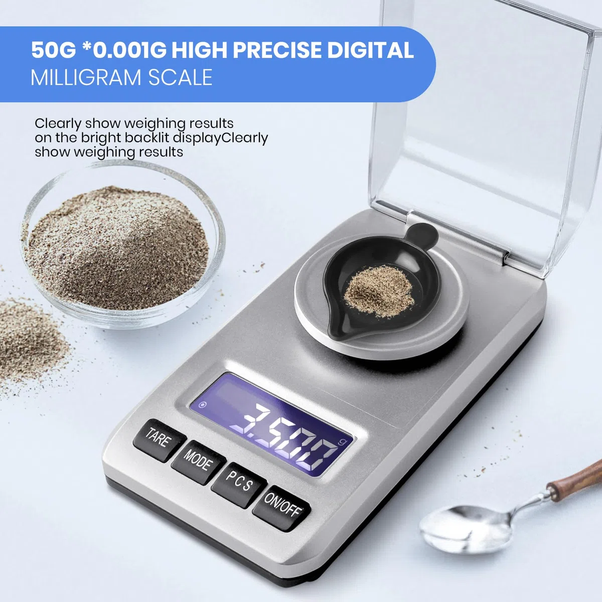 0,001g/50g Balance de Precision Milligrammes, Balance de Cuisine avec Poids D'étalonnage, Balance de Poche pour Poudres, Bijoux et Médicaments avec Pince à Épiler, Plateau de Pesée, Argent