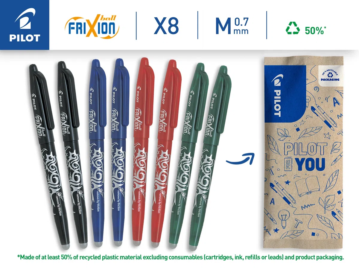 PILOT - Lot de 8 FriXion Ball 07 - Stylo Effaçable à Encre Thermosensible - Stylo Roller Rechargeable - 2 Bleus, 2 Rouges, 2 Verts, 2 Noirs - Pointe Moyenne