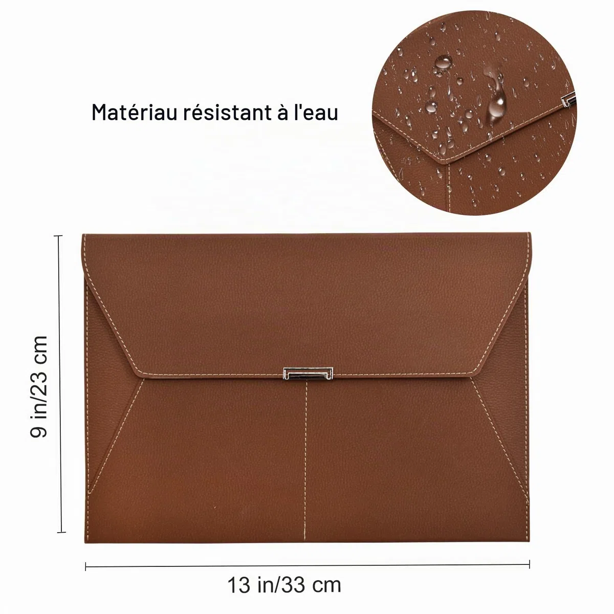 VANRA Porte-documents en cuir imperméable avec 3 poches, enveloppes de classement pour papier format A4 avec fermeture magnétique à bouton-pression (marron)