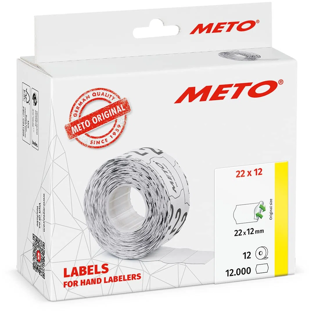 Étiquettes Meto pour étiqueteuse manuelle (22x12 mm, 1 ligne, papier blanc, 12 000 étiquettes, amovible, pour appareils Meto, Contact, Sato, Avery, etc.)