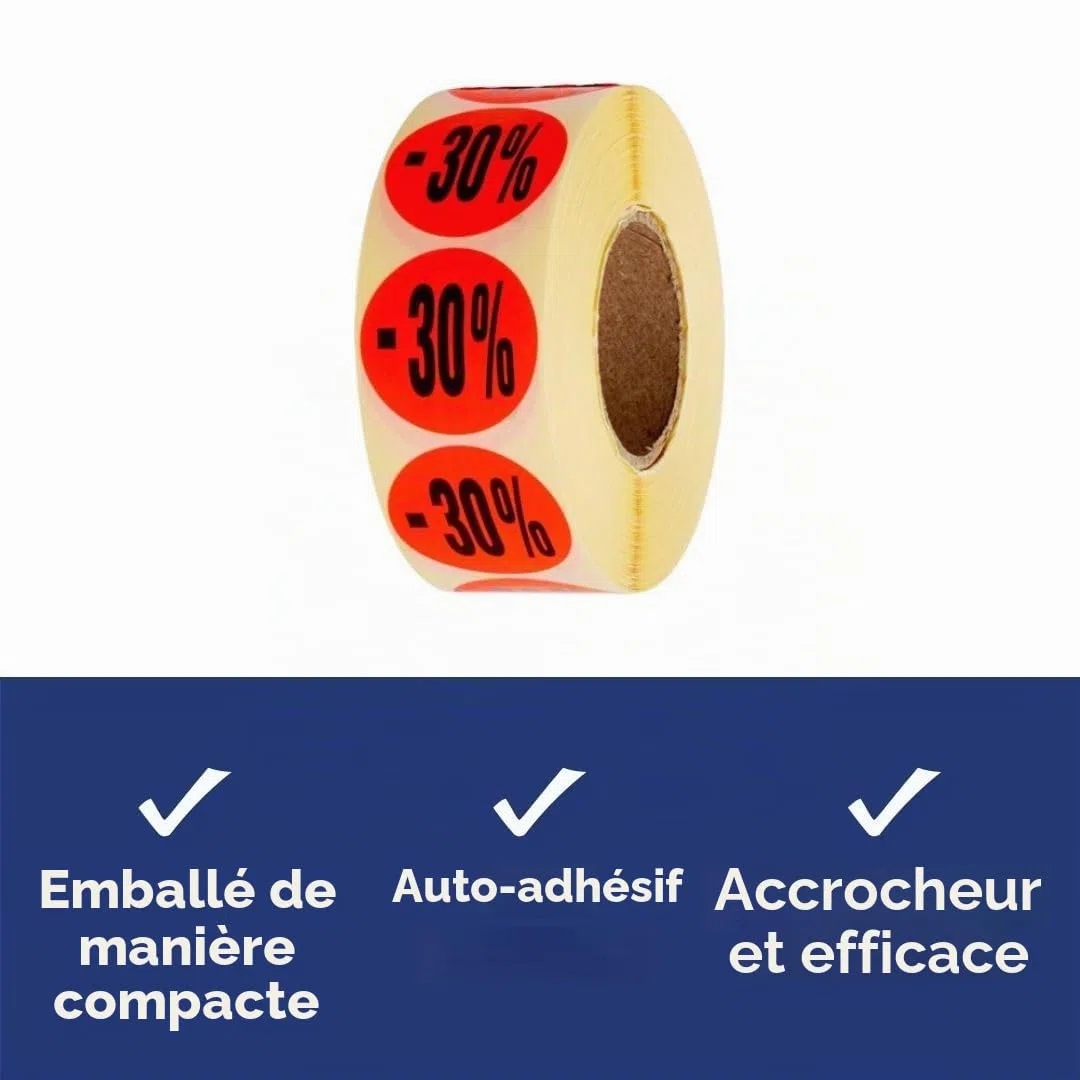 POKORNYS - Étiquettes promotionnelles « -30% » I Stickers pour marchandises à prix réduit I Lot de 1.000 autocollants de rabais en rouge vif I Adhésifs permanents, ronds, Ø 32mm