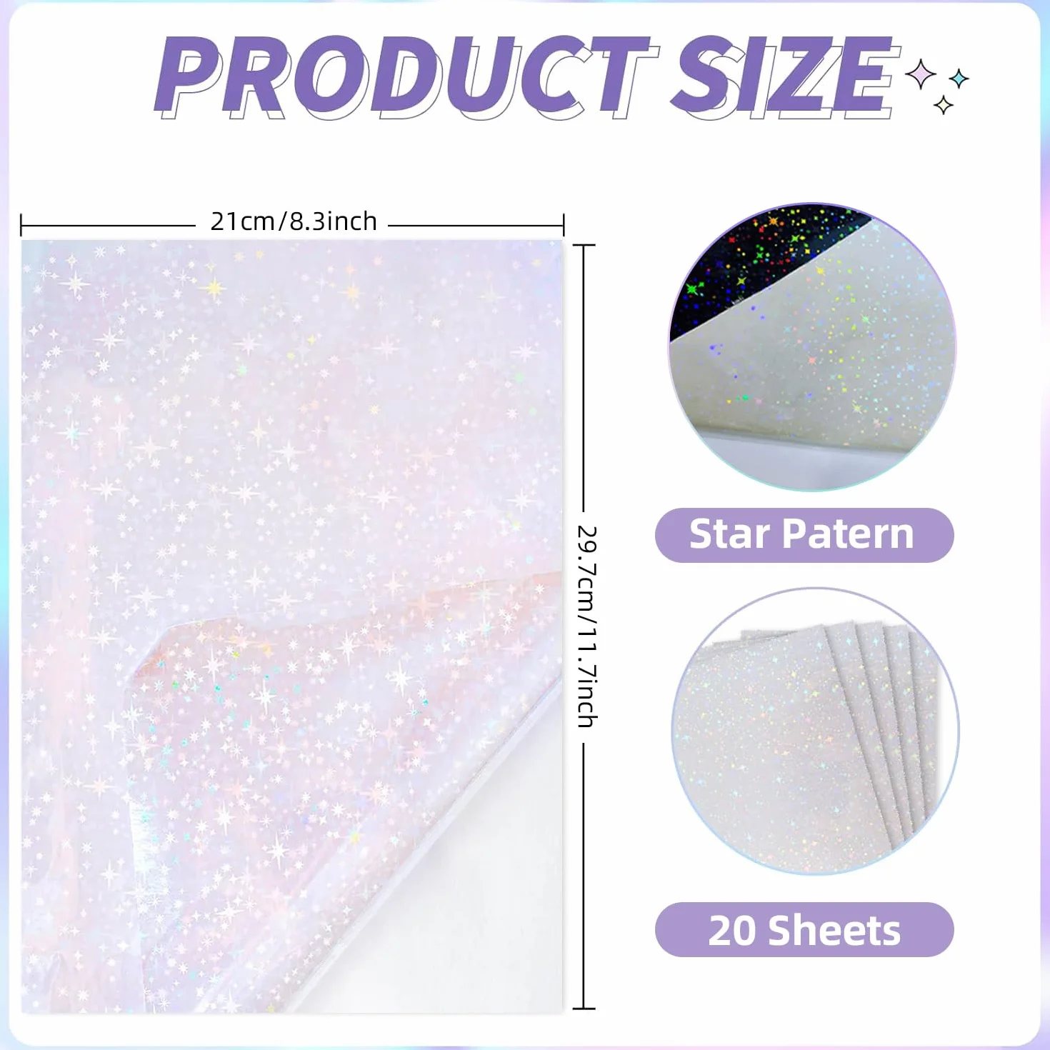 Feuilles de Plastification à Froid Auto-adhésives Holographiques A4 | Feuilles d'autocollants Transparentes Imperméables 50mic, pour Documents, Photos, Menus, 20 Feuilles (Étoile)