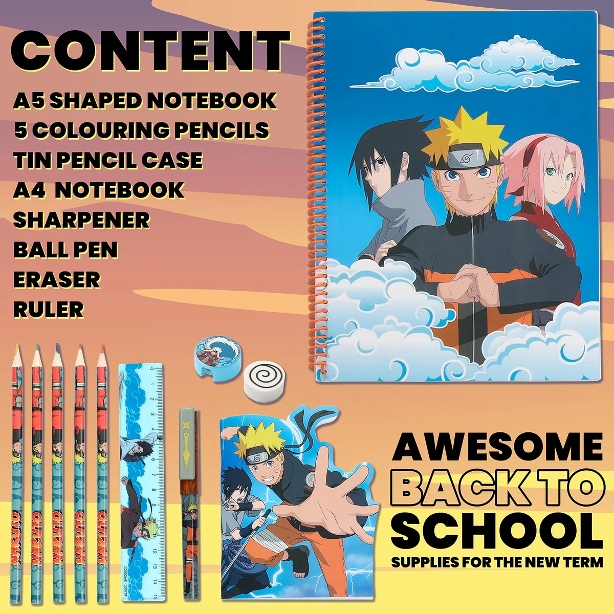 Naruto Fourniture Scolaire, Set Papeterie, Trousse, Cahier, Carnet, Crayon, Stylo, Kits de Fournitures Scolaires, Cadeau Rentree Scolaire, Idee Cadeau Fan Manga