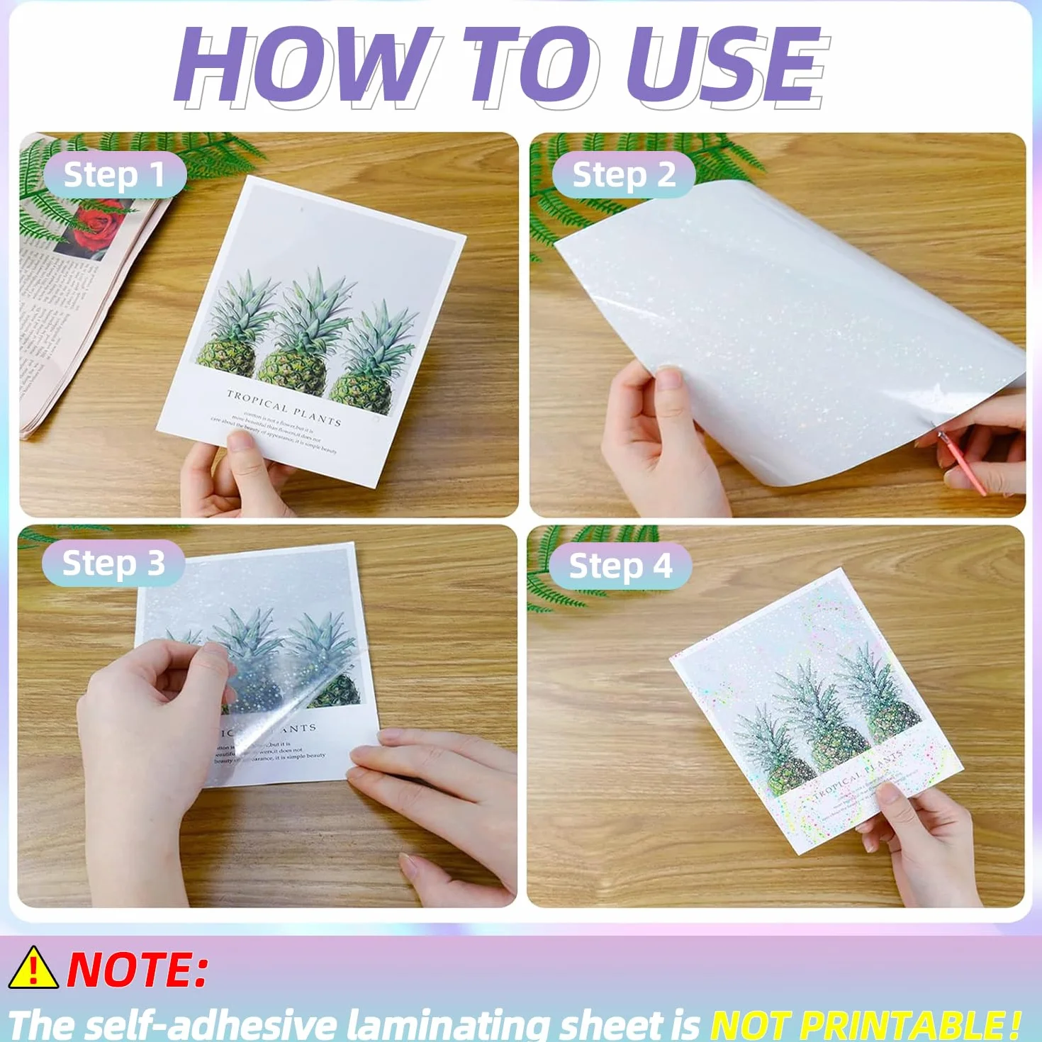 Feuilles de Plastification à Froid Auto-adhésives Holographiques A4 | Feuilles d'autocollants Transparentes Imperméables 50mic, pour Documents, Photos, Menus, 20 Feuilles (Étoile)