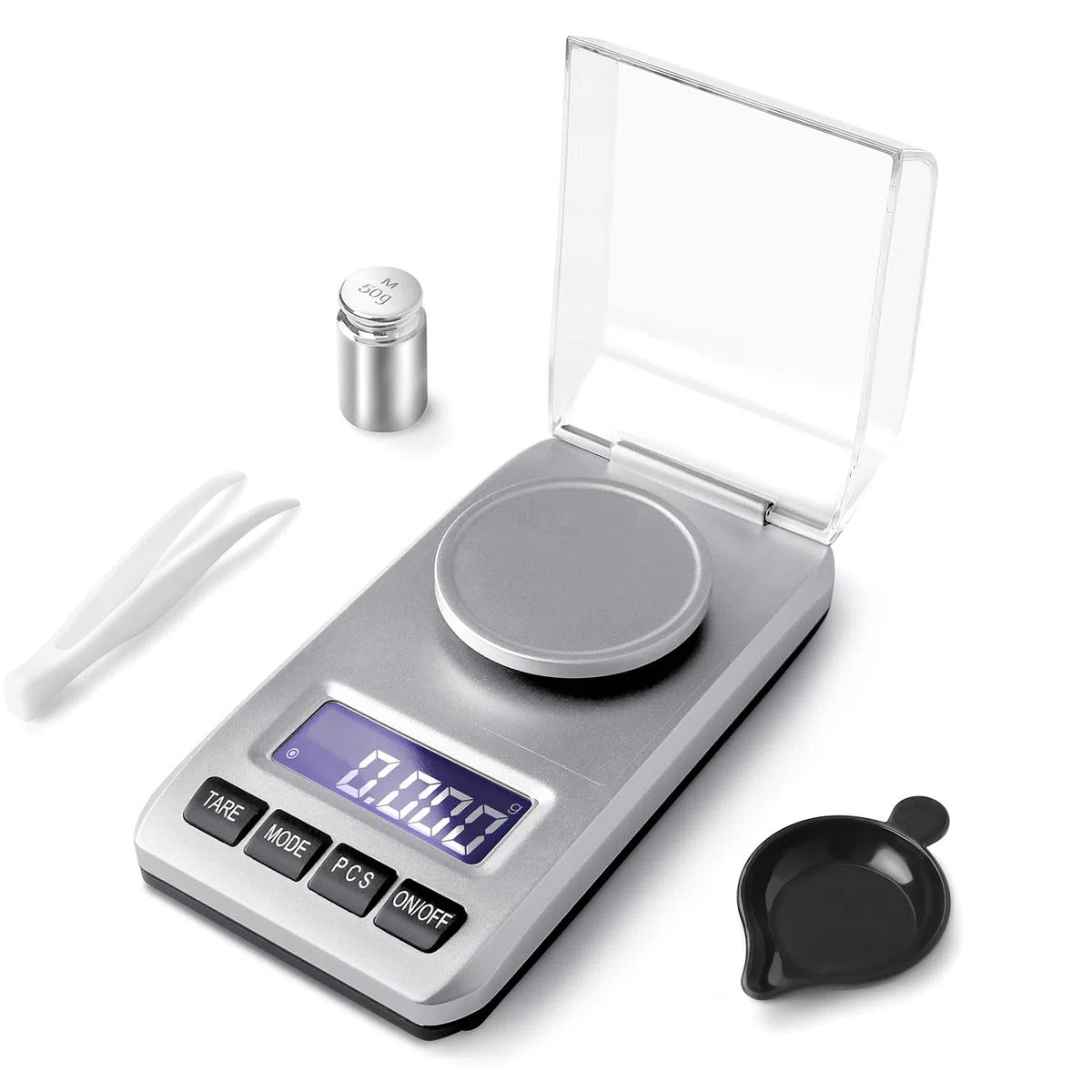 0,001g/50g Balance de Precision Milligrammes, Balance de Cuisine avec Poids D'étalonnage, Balance de Poche pour Poudres, Bijoux et Médicaments avec Pince à Épiler, Plateau de Pesée, Argent