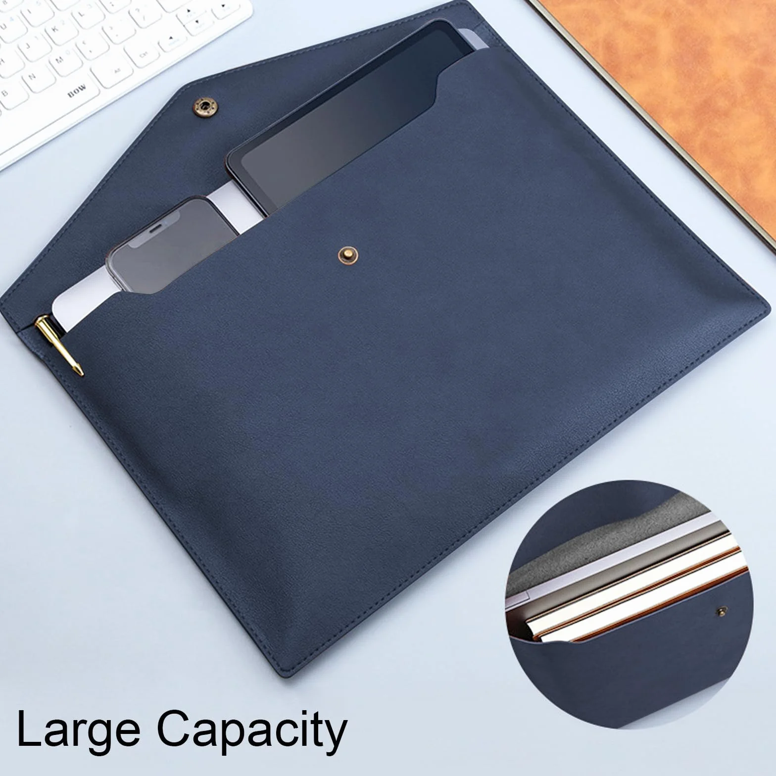 VANRA 1 porte-documents A4 en cuir synthétique imperméable pour format lettre avec fermeture à bouton-pression (bleu marine)