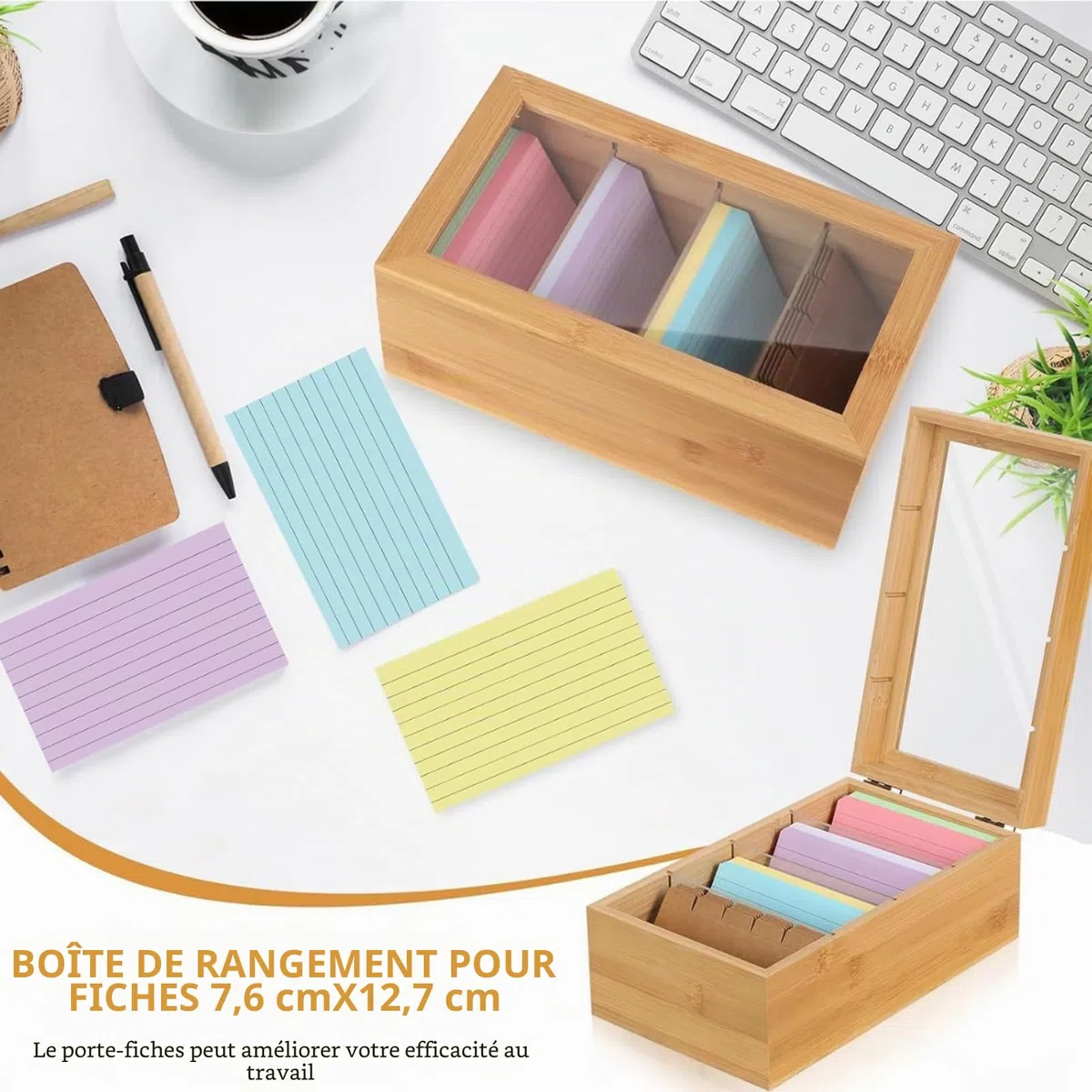 Boîte à fiches A7 en bois avec couvercle - 25,4 x 15 x 10 cm - Boîte de vocabulaire avec 300 cartes - Boîte à fiches pour vocabulaire - Pour le bureau et les écoles
