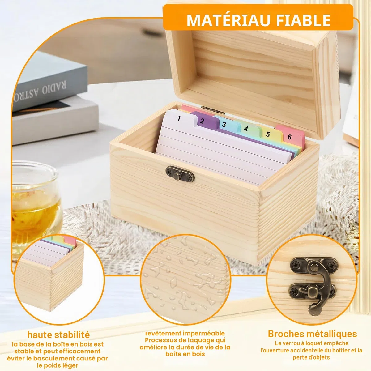 Boîte à Fiches en Bois, Boite a Fiches Index avec Couvercle 150 Fiches de Fiches(7.8 x12.5cm), Boîte de Vocabulaire pour Examens de Langue, Formation de Vocabulaire et Apprentissage Quotidien