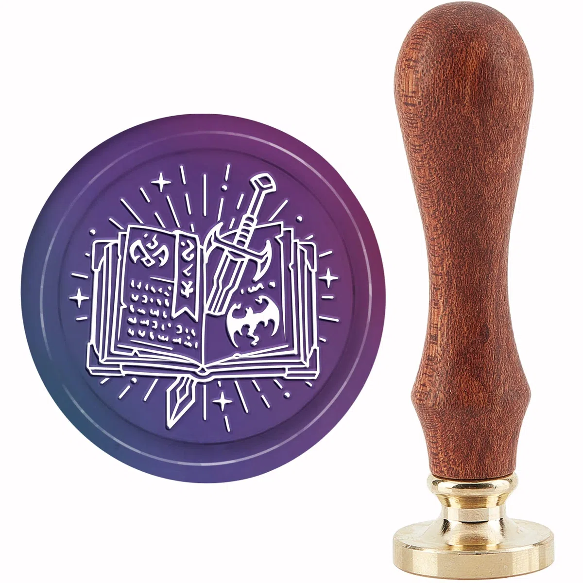 craspire Magic Book Wax Seal Stamp Sword Sealing Wax Stamps Stars 30mm/1.18inch Amovible Brass Head Sealing Stamp with Wooden Handle for Invitations Cards Gift Wrap