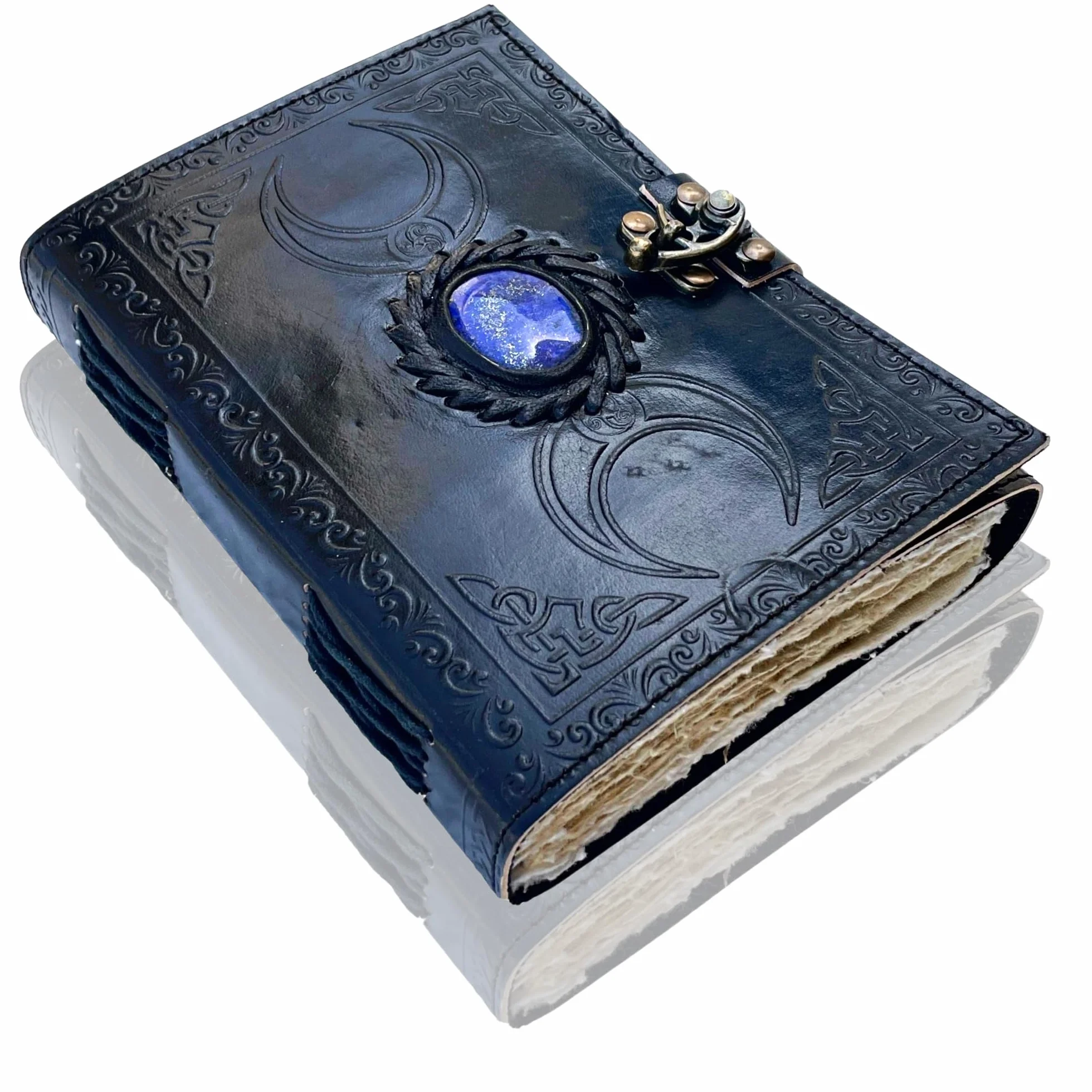 Journal lunaire vintage relié en cuir, grimoire des ombres, carnet d'écriture, pages anciennes non lignées