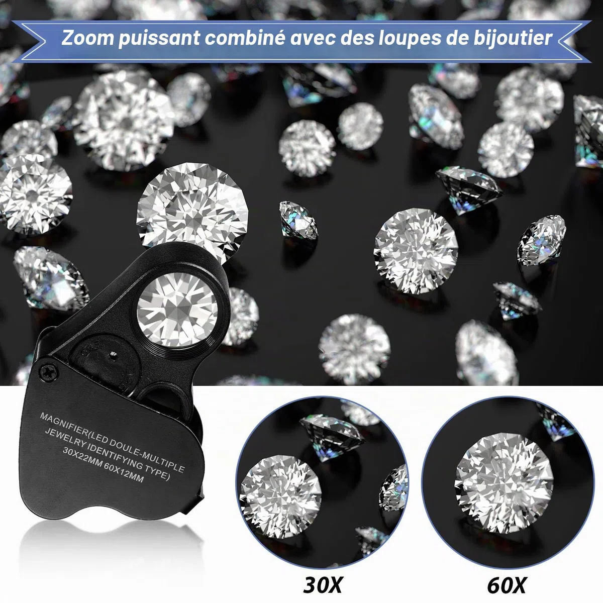 2 Pièces Loupe de Bijoutier Loupe Yeux Bijoutiers Illuminée 30X 60X 90X Boucle Loupe Bijoux avec Lumière Noire UV et Lumière LED Brillante pour Diamant Gemme Pièce Timbre Roche (Noir)