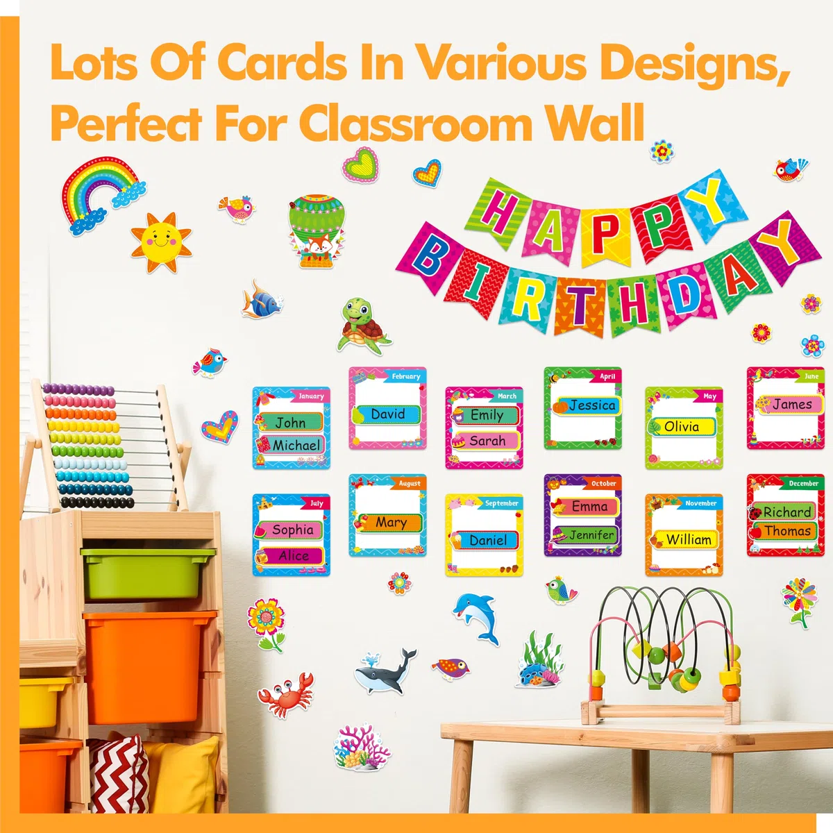 Ensemble de Tableau d'Affichage d'anniversaire de 122 PCS, Banderole d'anniversaire/Cards de Mois/Nom Décoration Fleurs, Étoiles, Découpes d'animaux Marins Fournitures de Fête