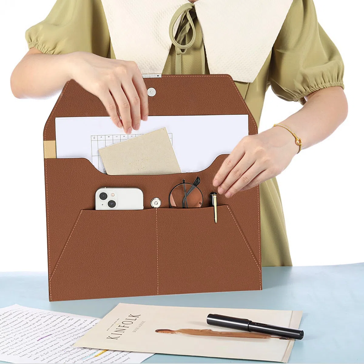 VANRA Porte-documents en cuir imperméable avec 3 poches, enveloppes de classement pour papier format A4 avec fermeture magnétique à bouton-pression (marron)