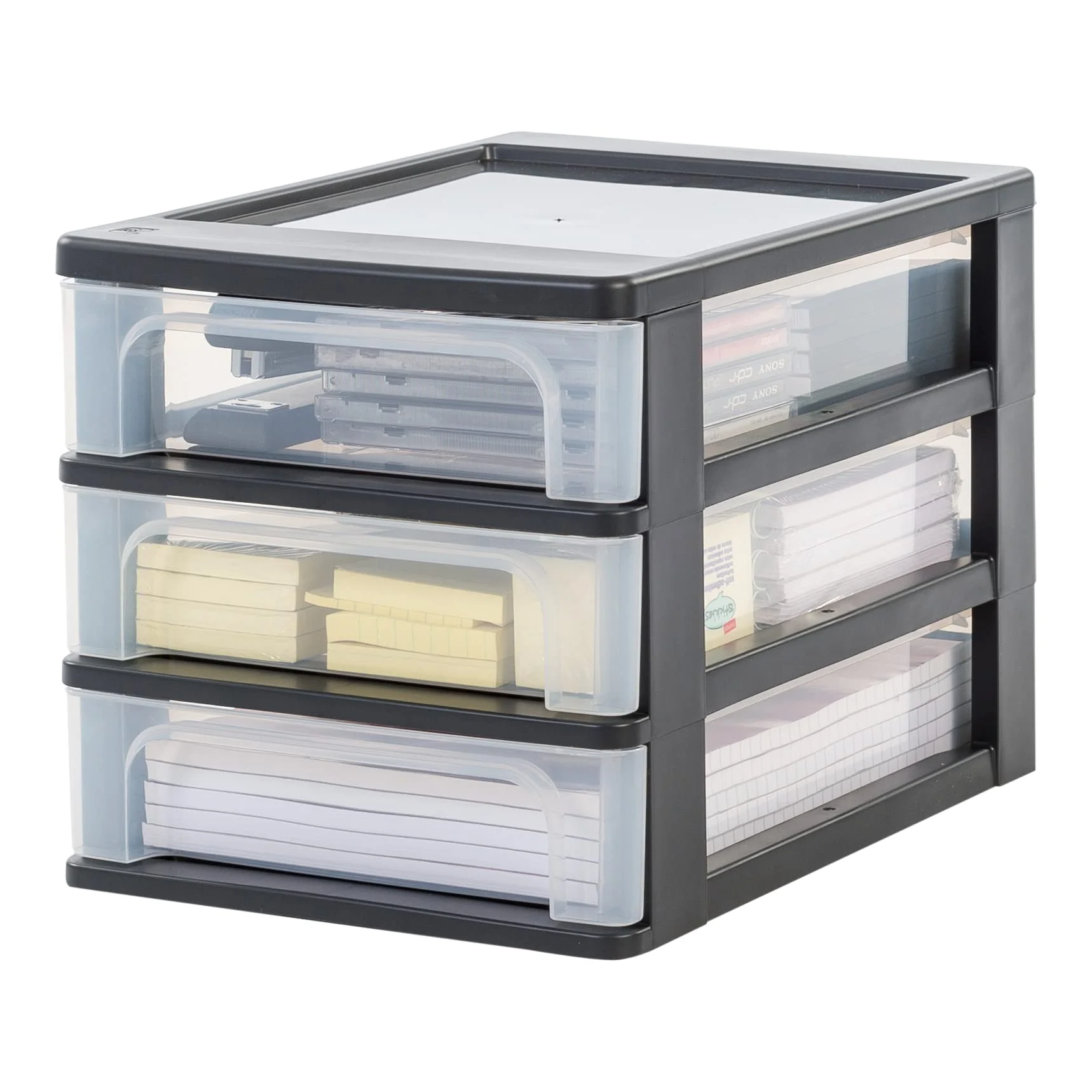 Iris Ohyama, Tour de Rangement Plastique, 3 Petits Tiroirs, Noir, Ouverture Facile, Format A4, Meuble, Organisateur, pour Bureau, Fourniture Scolaire, Papeterie, Sans BPA, OCH-2030