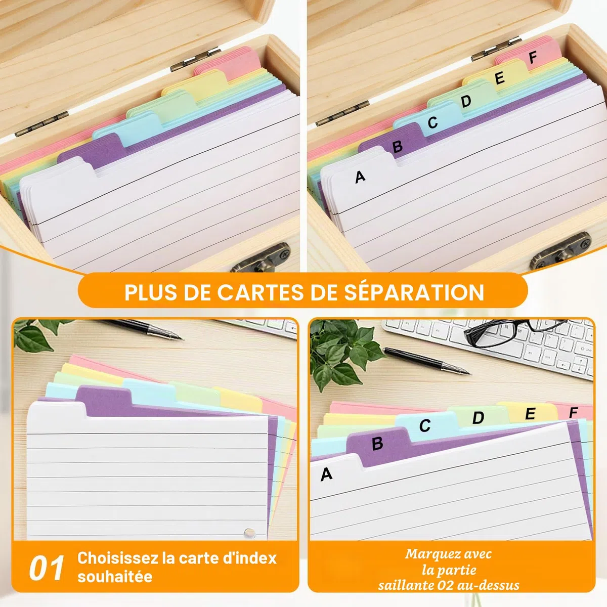 Boîte à Fiches en Bois, Boite a Fiches Index avec Couvercle 150 Fiches de Fiches(7.8 x12.5cm), Boîte de Vocabulaire pour Examens de Langue, Formation de Vocabulaire et Apprentissage Quotidien