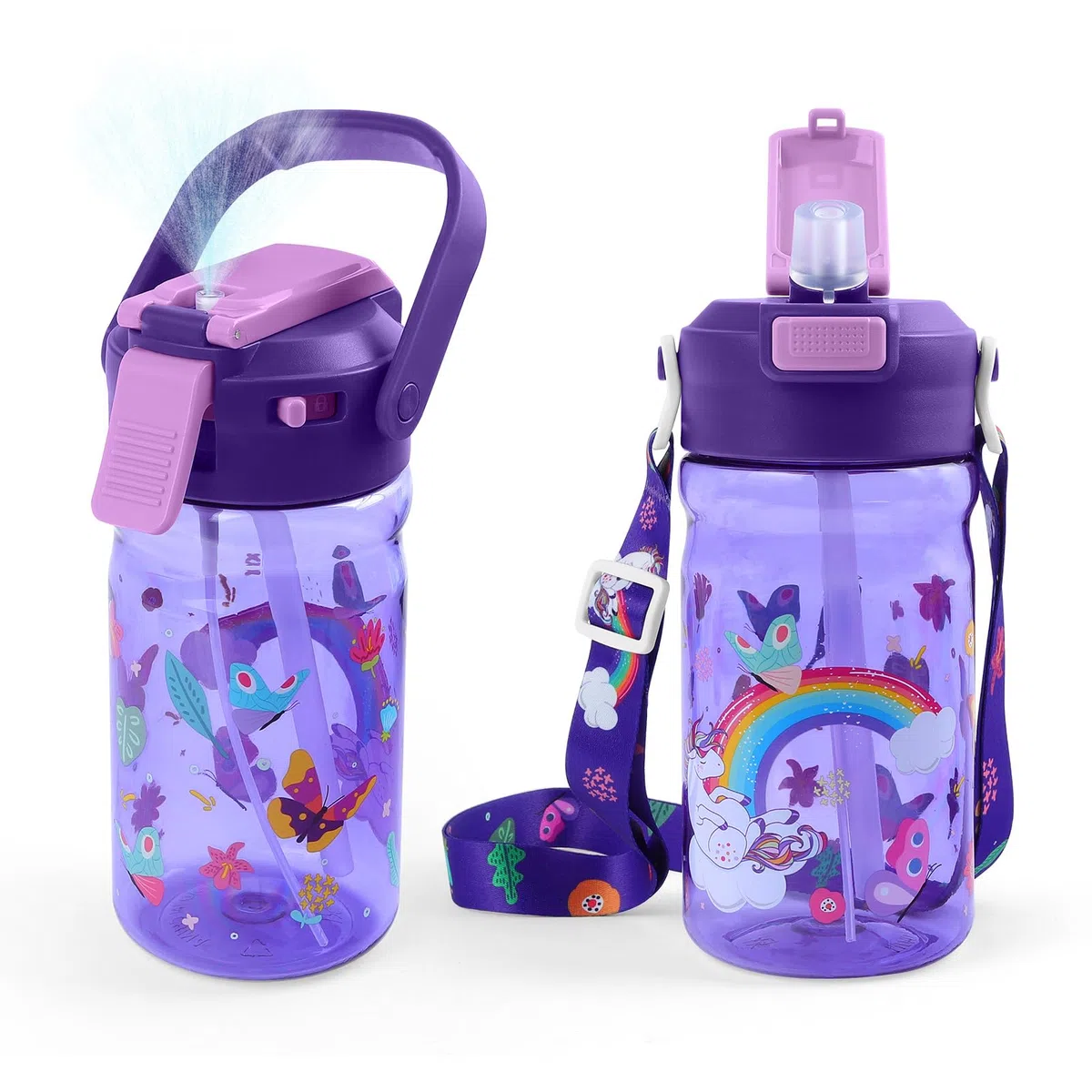 600ml Gourde Enfant pour École et Loisirs, Étanche avec Fonction Spray et Paille Sport, Bouteille d’eau Robuste pour Filles, Idéal pour Cartable et Vélo, Licorne Violet