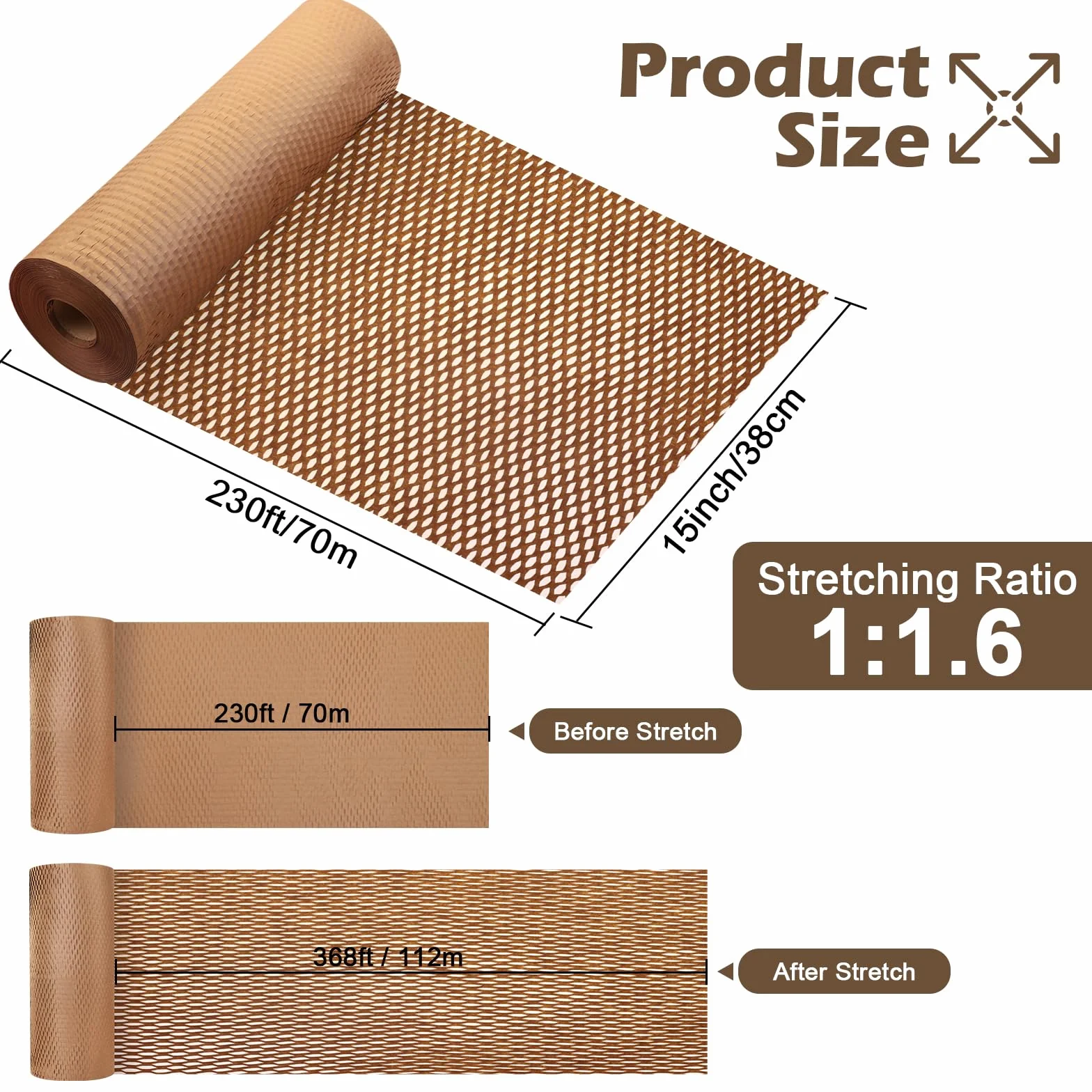 Papier alvéolé Papier d'emballage Rouleau 38 cm x 70 m, matériau d'emballage brun Papier d'emballage Contient 36 autocollants pour objets fragiles
