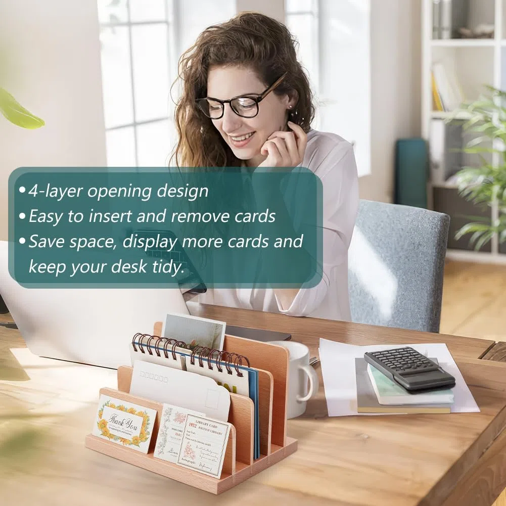 PH PandaHall Présentoir de Cartes de Visite en Bois Organiseur de Cartes de Visite à 4 niveau Présentoir de Cartes Porte Brochures et Cartes Postales pour Bureau Magasin Salons Professionnels