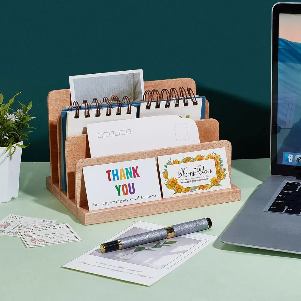 PH PandaHall Présentoir de Cartes de Visite en Bois Organiseur de Cartes de Visite à 4 niveau Présentoir de Cartes Porte Brochures et Cartes Postales pour Bureau Magasin Salons Professionnels