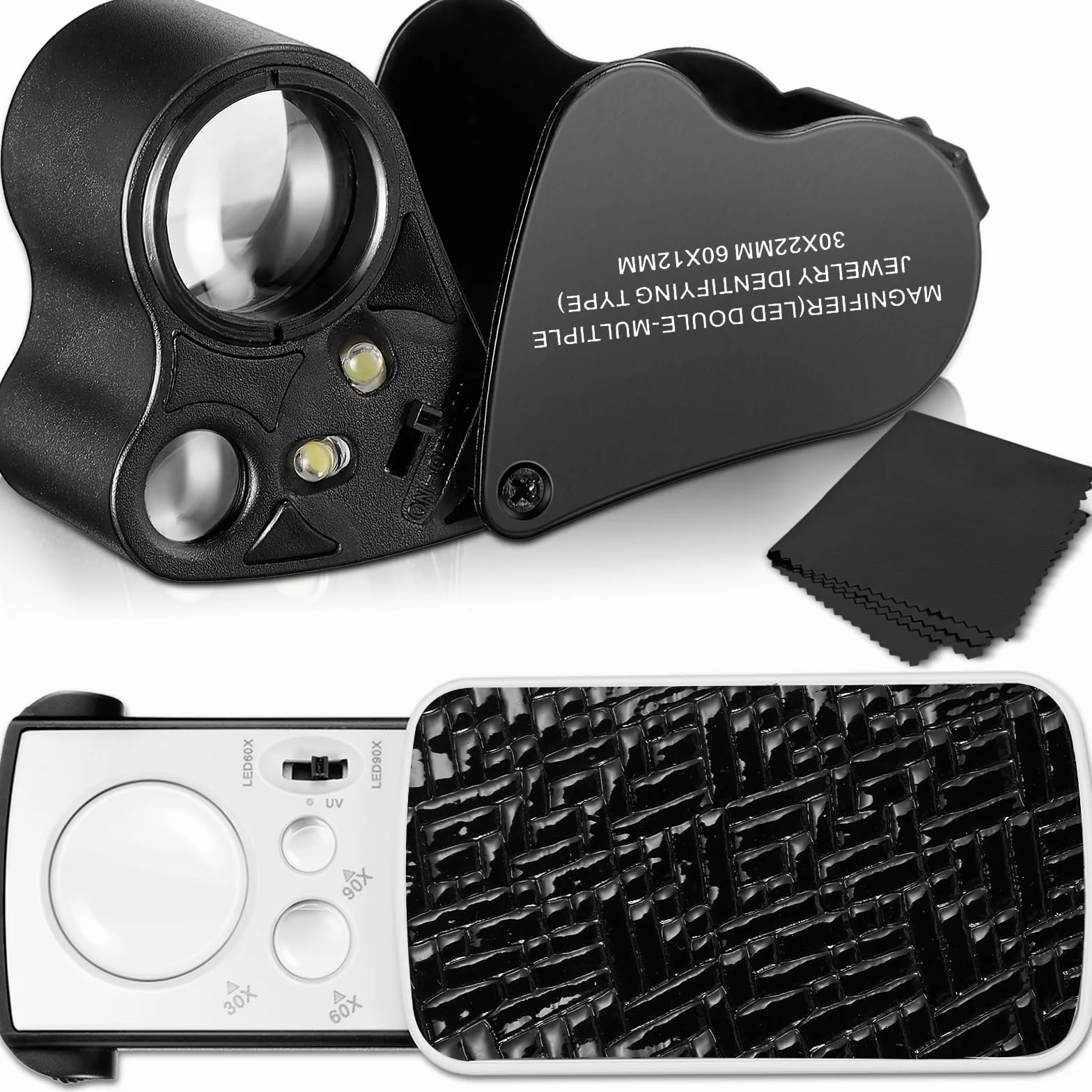 2 Pièces Loupe de Bijoutier Loupe Yeux Bijoutiers Illuminée 30X 60X 90X Boucle Loupe Bijoux avec Lumière Noire UV et Lumière LED Brillante pour Diamant Gemme Pièce Timbre Roche (Noir)