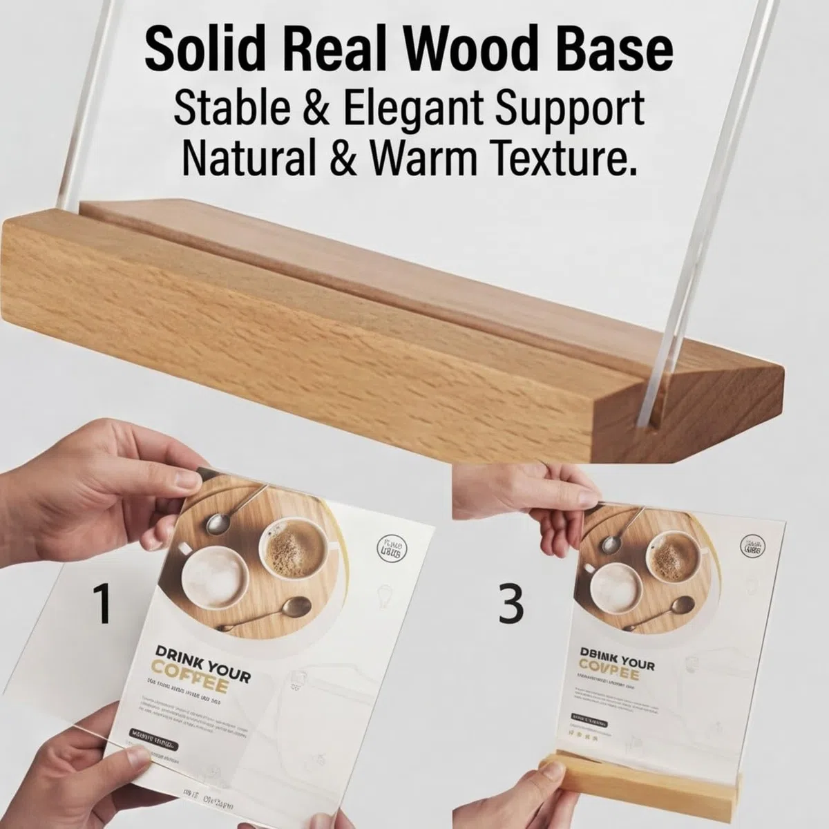 Lot de 3 supports de panneau en acrylique A5 Slant Back Design L Forme Cadre en acrylique transparent Base en bois, menu de table Affichage Stand Flyer Display pour écran de bureau