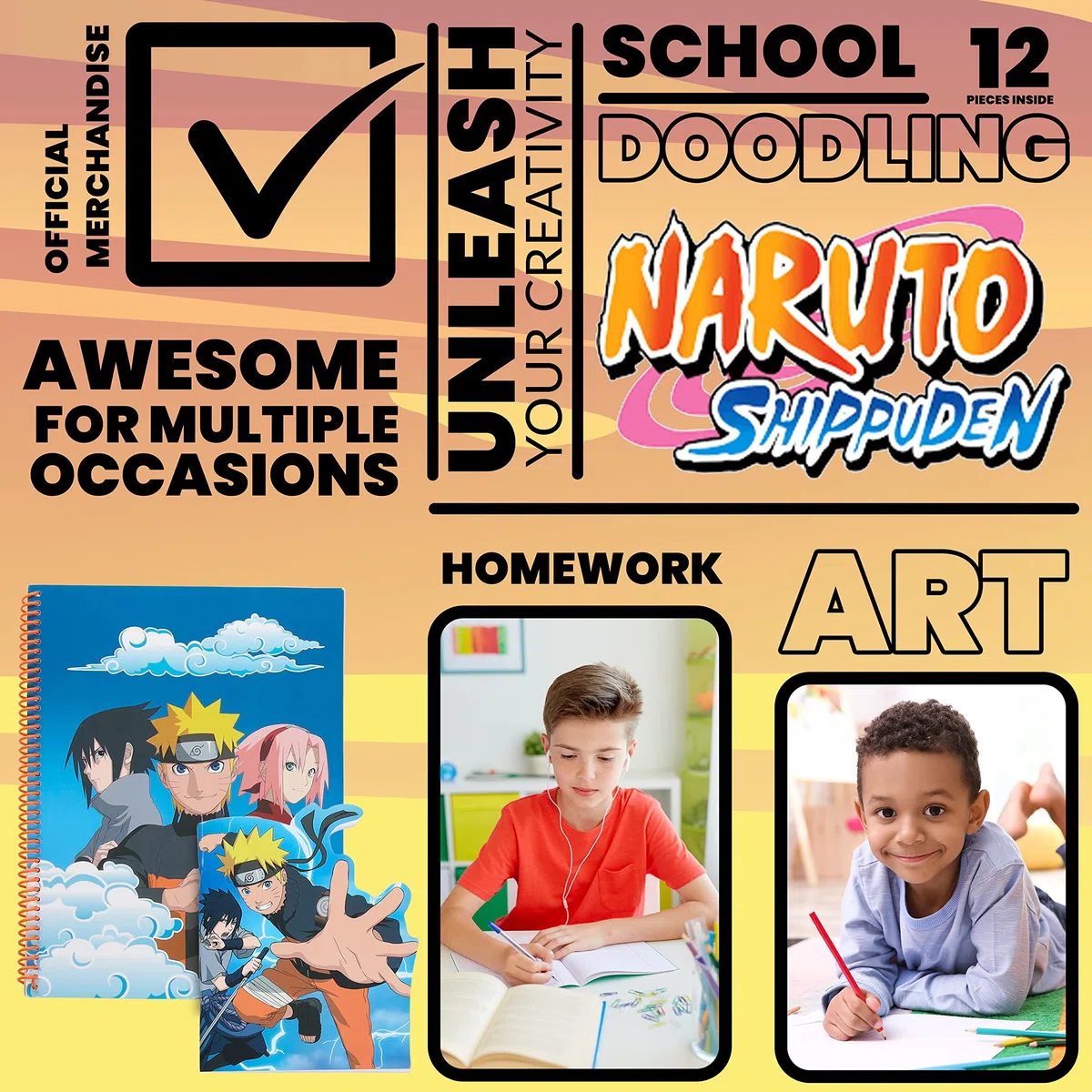 Naruto Fourniture Scolaire, Set Papeterie, Trousse, Cahier, Carnet, Crayon, Stylo, Kits de Fournitures Scolaires, Cadeau Rentree Scolaire, Idee Cadeau Fan Manga