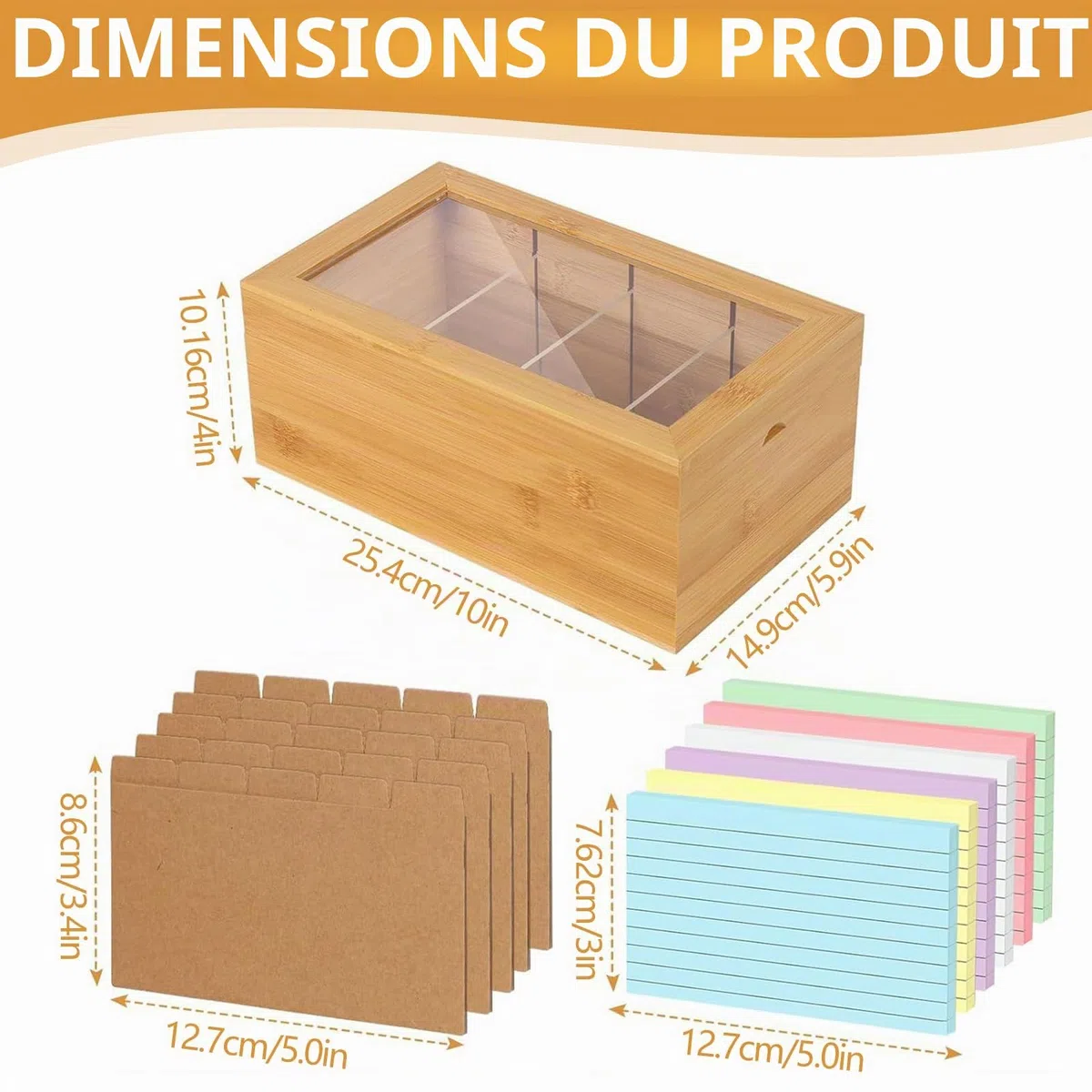 Boîte à fiches A7 en bois avec couvercle - 25,4 x 15 x 10 cm - Boîte de vocabulaire avec 300 cartes - Boîte à fiches pour vocabulaire - Pour le bureau et les écoles