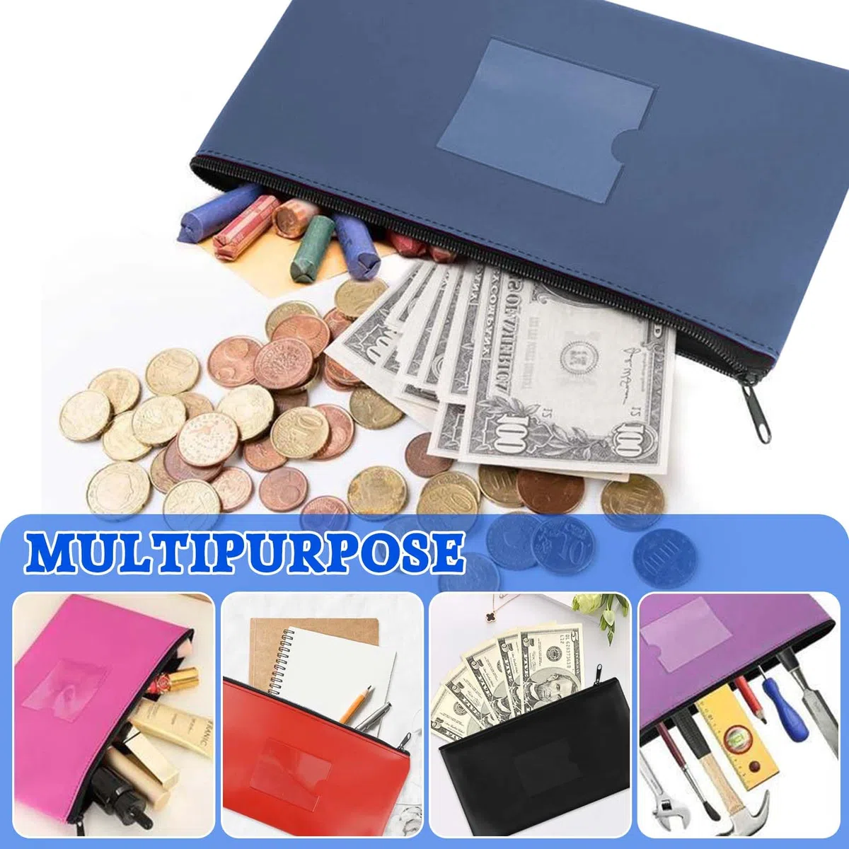 10 Pièces Pochettes de Dépôt Bancaire, Porte-Monnaie avec Fermeture éclair 28x15,5 cm Sac de Billet en PU pour Argent, Pièces, École, Bureau, Voyage