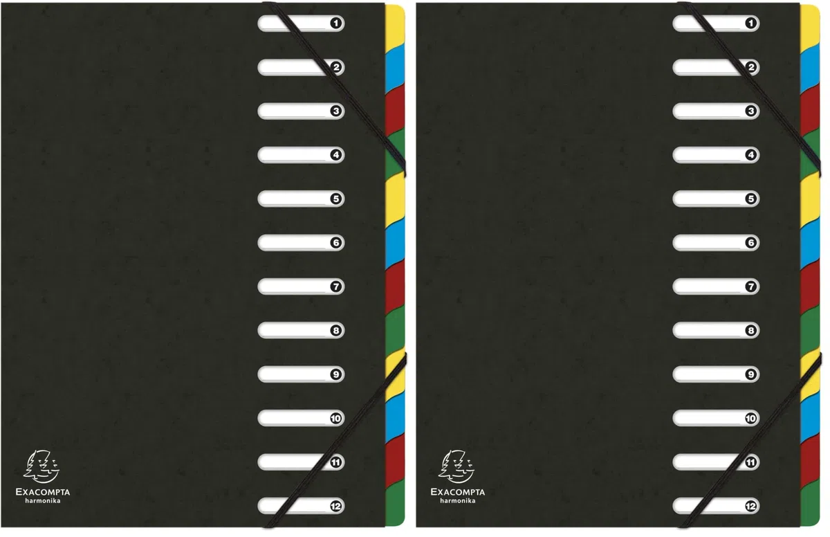 Exacompta - Réf. 55121E - 1 trieur HARMONIKA - avec élastiques et fenêtres découpées - couverture en carte lustrée - dos extensible - 12 compartiments - pour A4 - dim 24,5 x 32 cm - couleur noir
