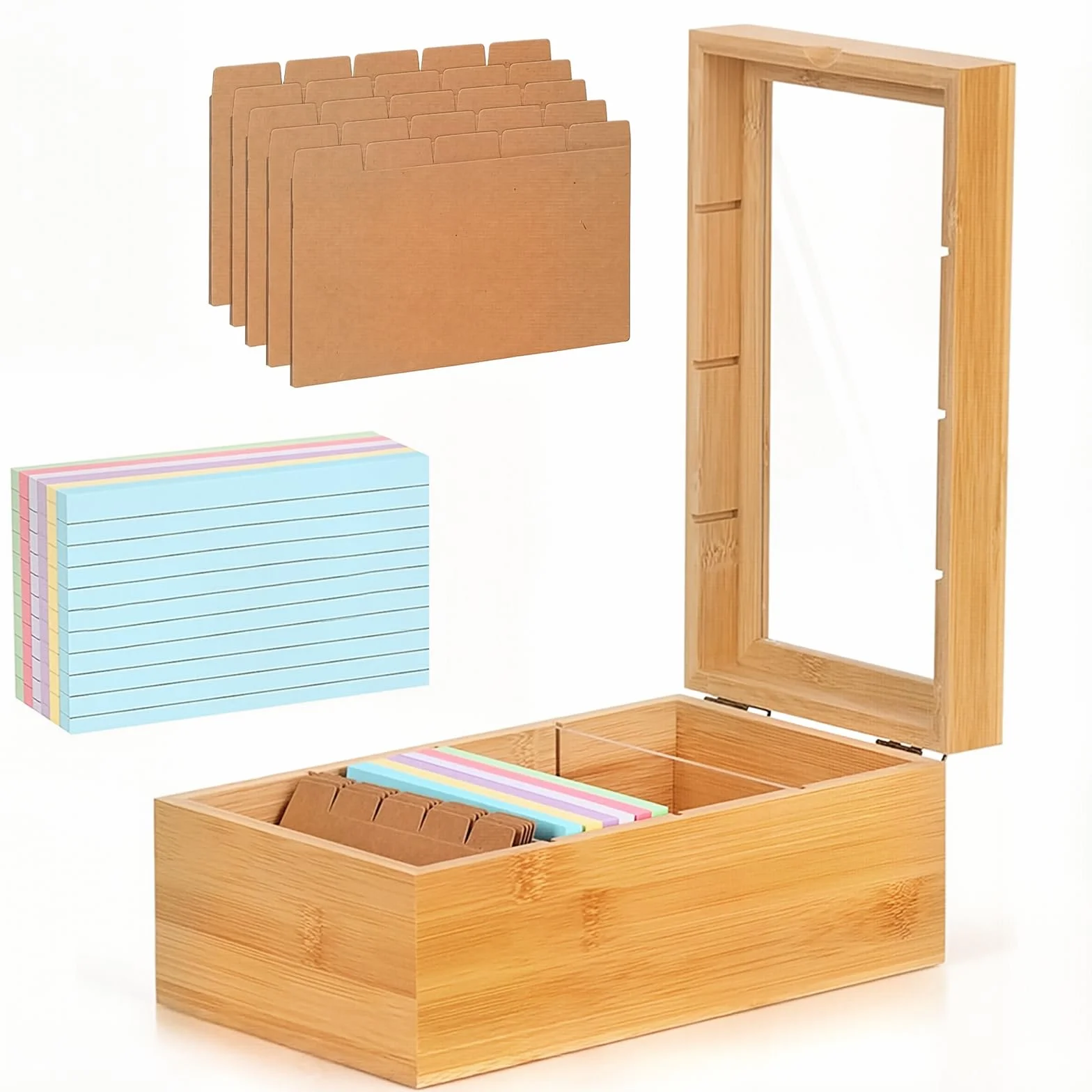 Boîte à fiches A7 en bois avec couvercle - 25,4 x 15 x 10 cm - Boîte de vocabulaire avec 300 cartes - Boîte à fiches pour vocabulaire - Pour le bureau et les écoles