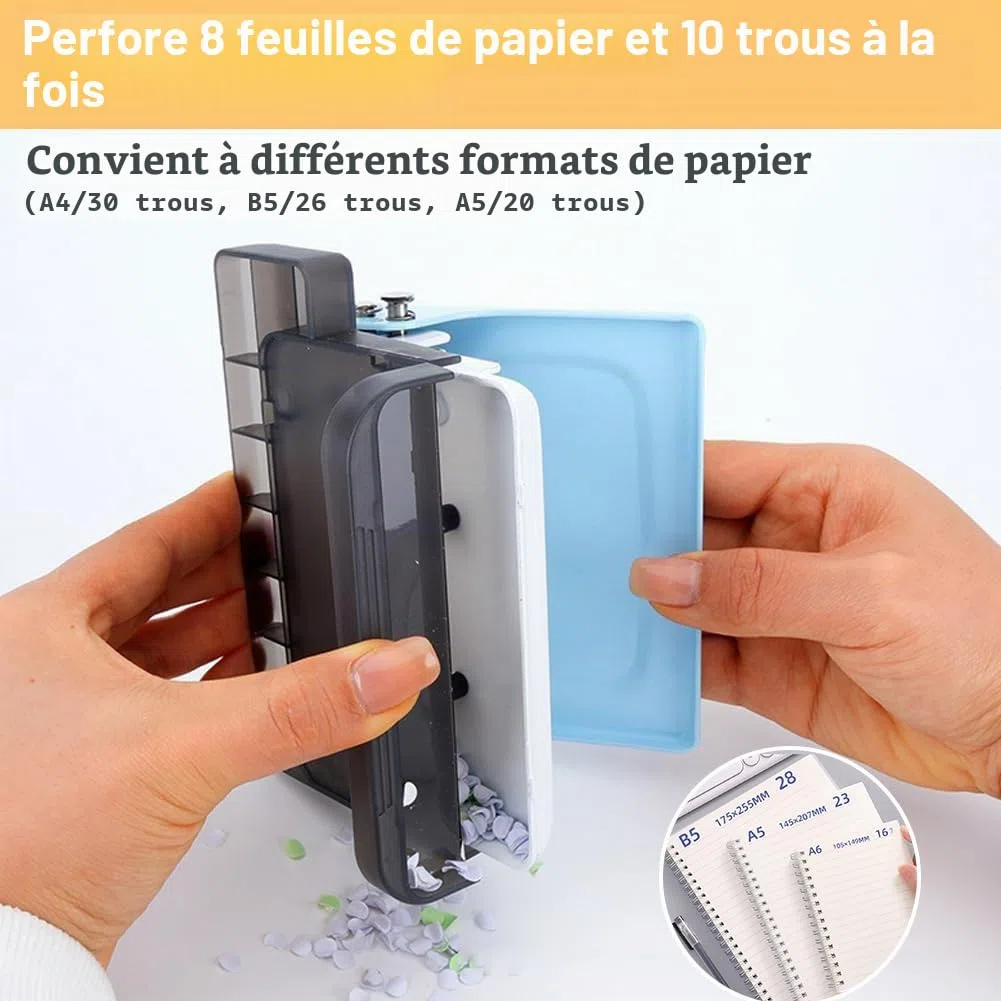 Relieuse manuelle à 10 trous pour bureau et étude - Portable A4/30 trous, B5/26 trous, perforatrice A5/20 trous, 8 feuilles métalliques avec 2 bobines de reliure, bleu