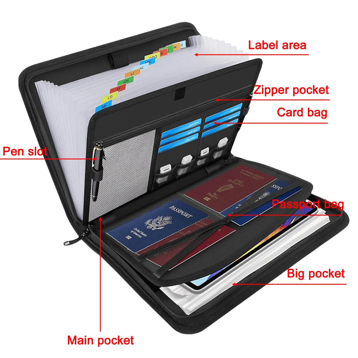 Sac à Documents Ignifuge avec 13 Compartiments : Porte-Documents A4, Organiseur de Documents Portable avec poignée et étiquettes, Porte-Documents A4 étanche