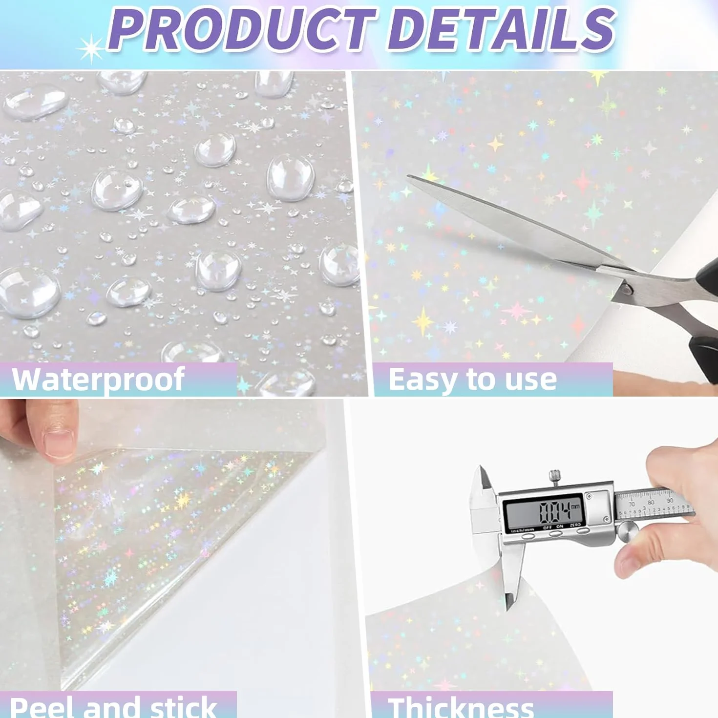 Feuilles de Plastification à Froid Auto-adhésives Holographiques A4 | Feuilles d'autocollants Transparentes Imperméables 50mic, pour Documents, Photos, Menus, 20 Feuilles (Étoile)