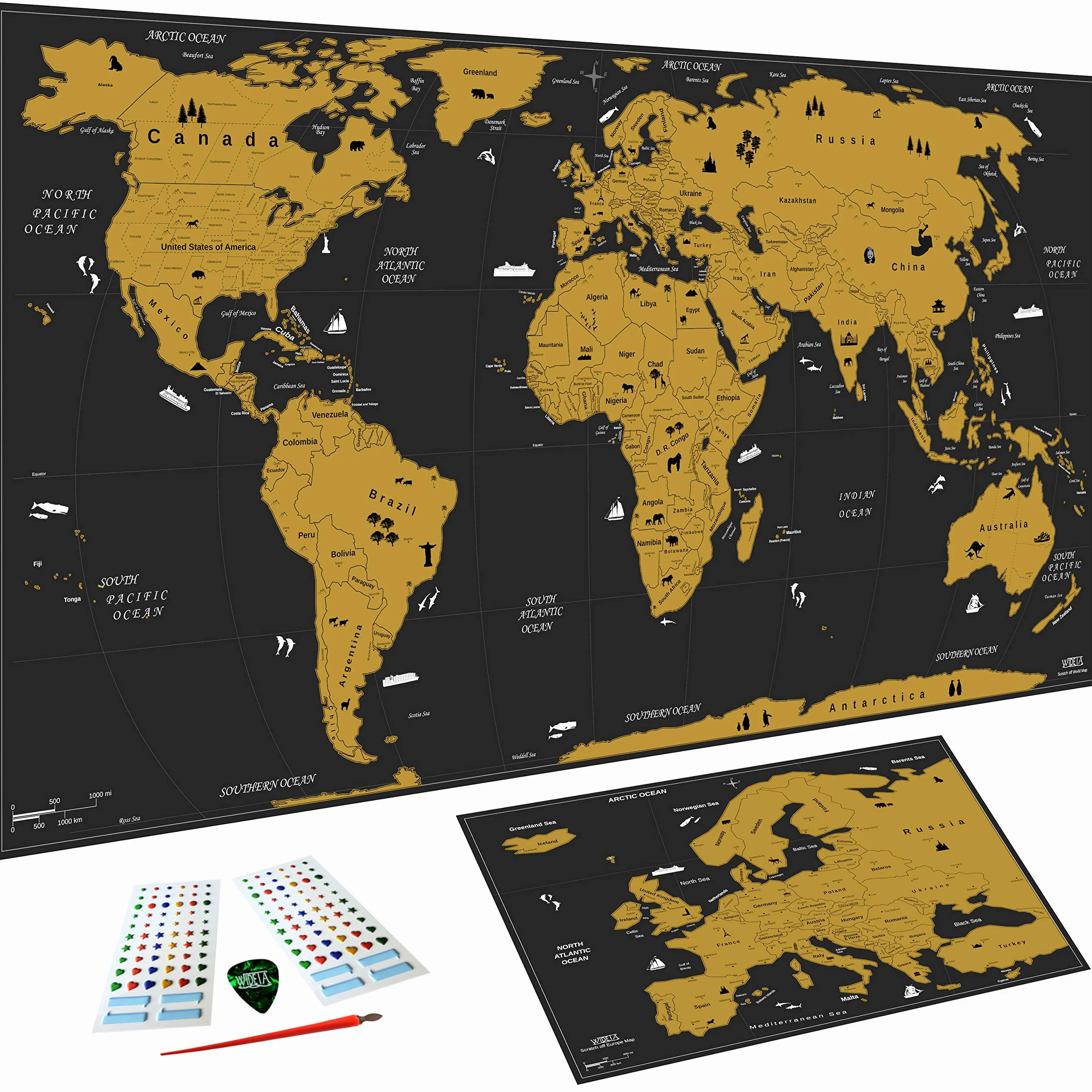 Carte du monde à gratter XXL (82 x 43 cm), Inclus carte d' Europe et accessoires de grattage, par WIDETA