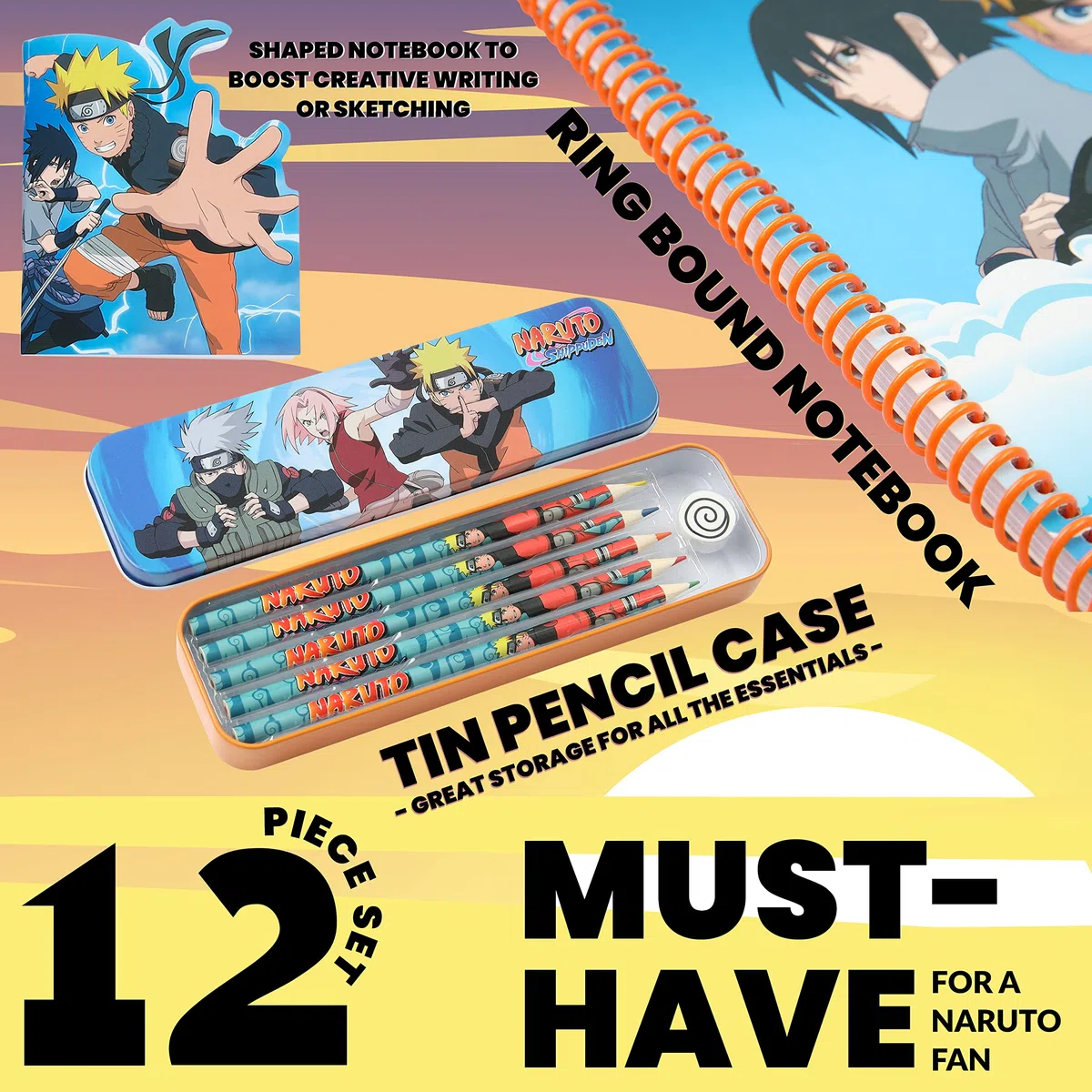 Naruto Fourniture Scolaire, Set Papeterie, Trousse, Cahier, Carnet, Crayon, Stylo, Kits de Fournitures Scolaires, Cadeau Rentree Scolaire, Idee Cadeau Fan Manga